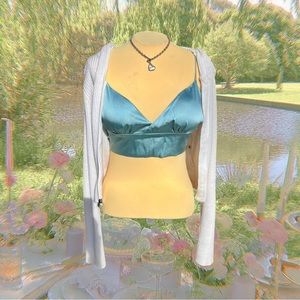 ・❥・brand new pretty blue satin cider v neck crop top cami with padding・❥・